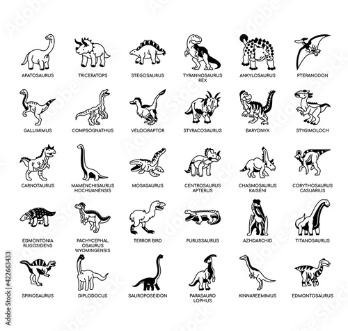 Set of dinosaur thin line and pixel perfect icons for any web and app project.