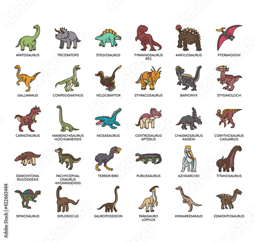 Set of dinosaur thin line and pixel perfect icons for any web and app project.