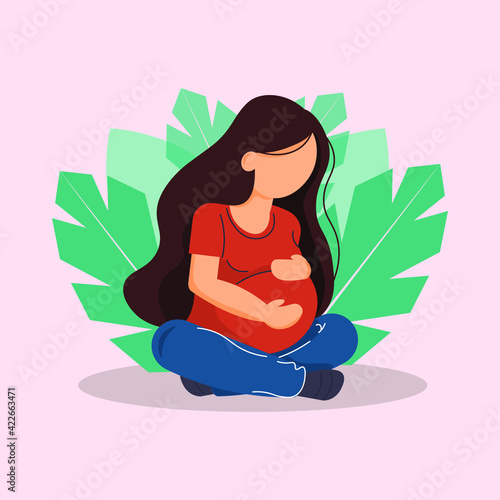 Pregnant woman. Pregnancy scene. Flat vector illustration. 