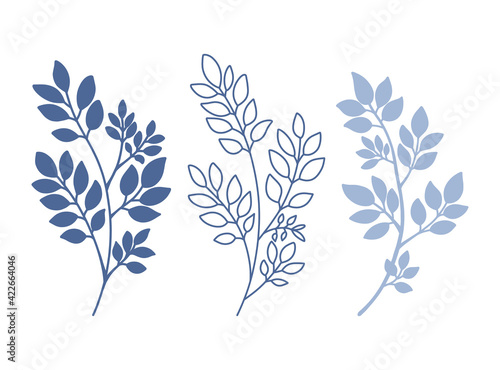Three decorative garden tree branches set. Forest Plants, different silhouette Twig with Leaves. Floral clipart collection, vector elements isolated for design frame, pattern, card, invitation, poster