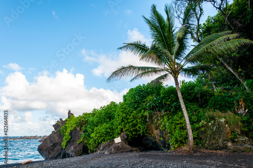 Black Sand Beach and Tropical Coastline along the Road to Hana, Maui, Hawaii © justinfegan