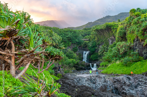 Waterfall on the Road to Hana at Sunset, Maui, Hawaii