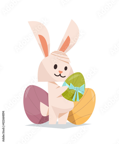 cute rabbit holding decorated eggs happy easter spring holiday celebration greeting card poster