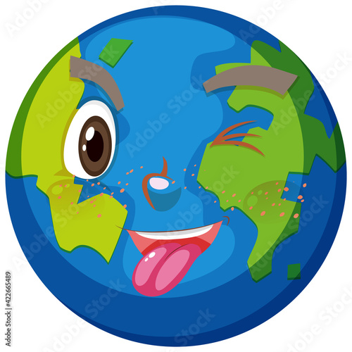 Earth cartoon character with naughty face expression on white background