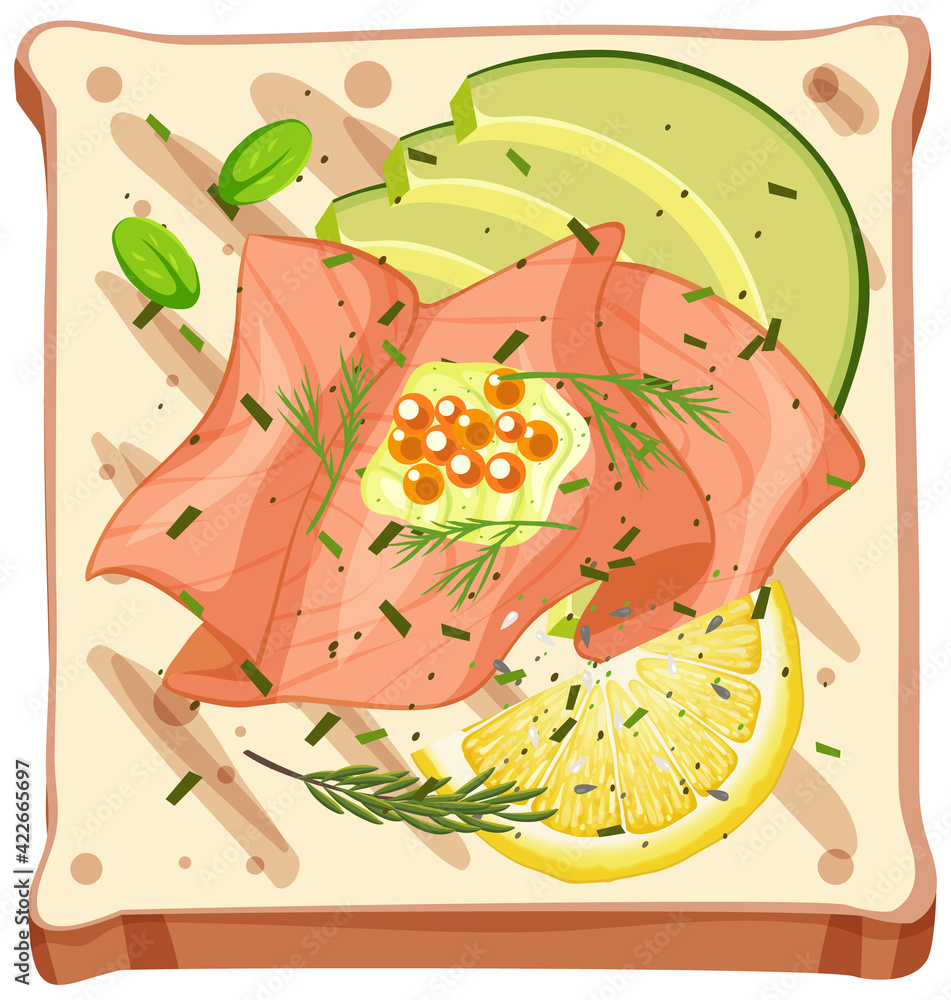 Top view of a bread with smoked salmon Top view of a bread with smoked salmon