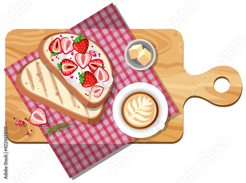 Top view of breakfast set on a cutting board isolated