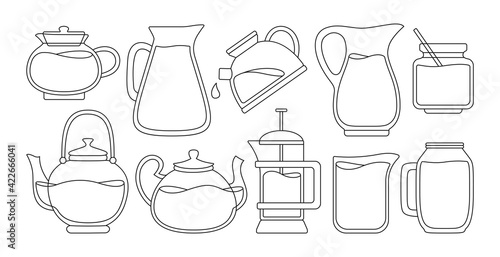 Teapot and kettles with tea, black line set. Tea time teapot dishes jar for drinks. Sketch hand drawn glassware jar for menu kitchen tools. Flat outline kitchenware, design trendy vector illustration