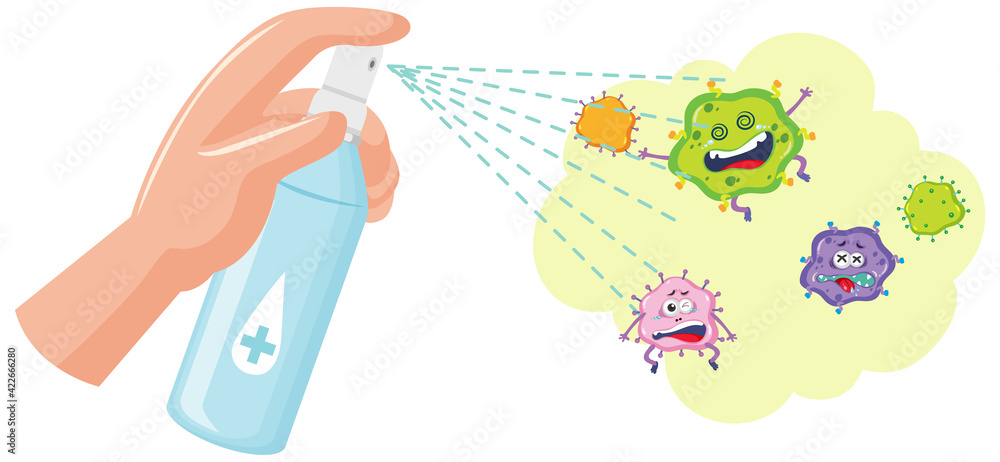 Hand using alcohol sanitizer with virus cartoon character Hand using alcohol sanitizer with virus cartoon character