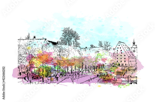 Building view with landmark of Regensburg is the city in southeast Germany. Watercolour splash with hand drawn sketch illustration in vector.