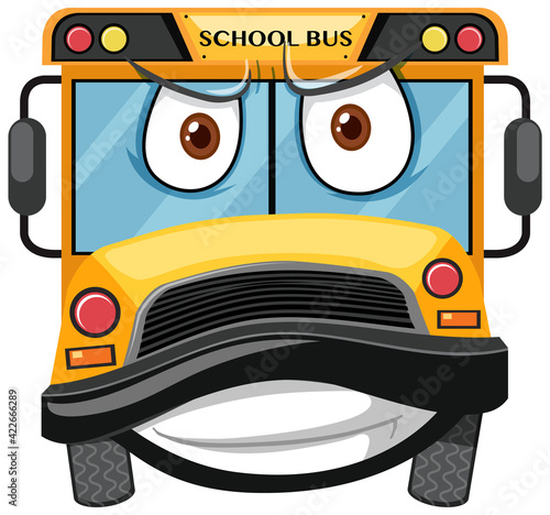School bus cartoon character with angry face expression on white background