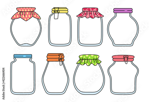 Glass empty jar doodle set. Contour label packaging jam drawing for notes, date or price. Cartoon juice tag or sticker. Jar colored caps, frame product farmer market outline mockup vector illustration