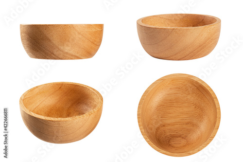 Set of Empty wooden bowl isolated on white background.