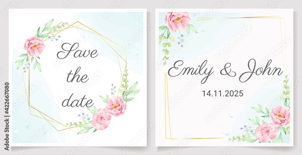 watercolor pink peony flower bouquet wreath with gold frame square wedding invitation card template collection