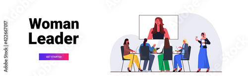 businesspeople having online conference meeting business women discussing with leader woman