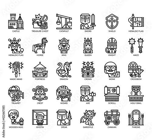 Set of Medieval thin line and pixel perfect icons for any web and app project.