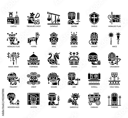 Set of Medieval thin line and pixel perfect icons for any web and app project.
