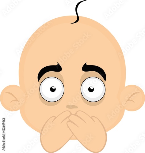 Vector emoticon illustration of a cartoon baby's head covering his mouth with his hands