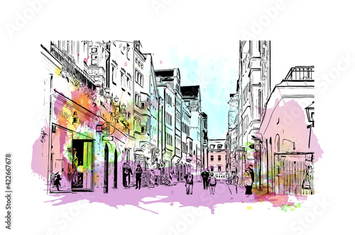 Building view with landmark of Regensburg is the city in southeast Germany. Watercolour splash with hand drawn sketch illustration in vector.