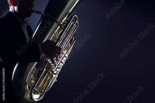 Tuba player brass instruments. Hands playing euphonium