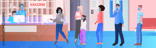 mix race patients standing in vaccination waiting line coronavirus vaccine injection fight against covid-19