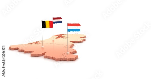 Benelux map. benelux three countries map and flag 3D illustrations on a white background.
