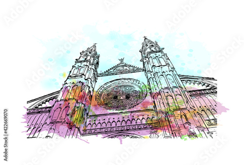 Building view with landmark of Palma is the 
city in Spain. Watercolour splash with hand drawn sketch illustration in vector.
