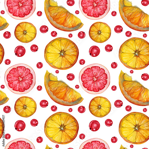 Fototapeta Naklejka Na Ścianę i Meble -  Seamless pattern watercolor citrus orange and grapefruit slice, currant berry on white background. Hand-drawn food object for menu, sticker, wrapping, card, wallpaper