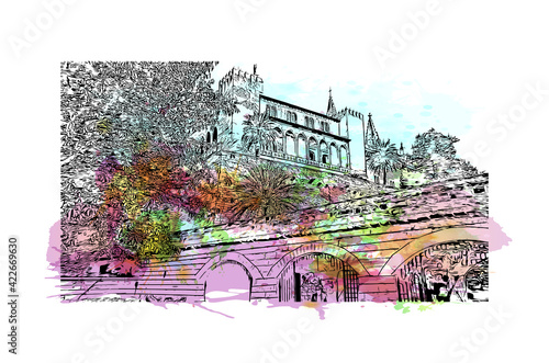 Building view with landmark of Palma is the 
city in Spain. Watercolour splash with hand drawn sketch illustration in vector.