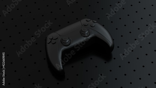 Black gamepad on a black background with pattern dots and holes. Gamepad for game console. Gamers and games concept. 3d rendering © MIKHAIL