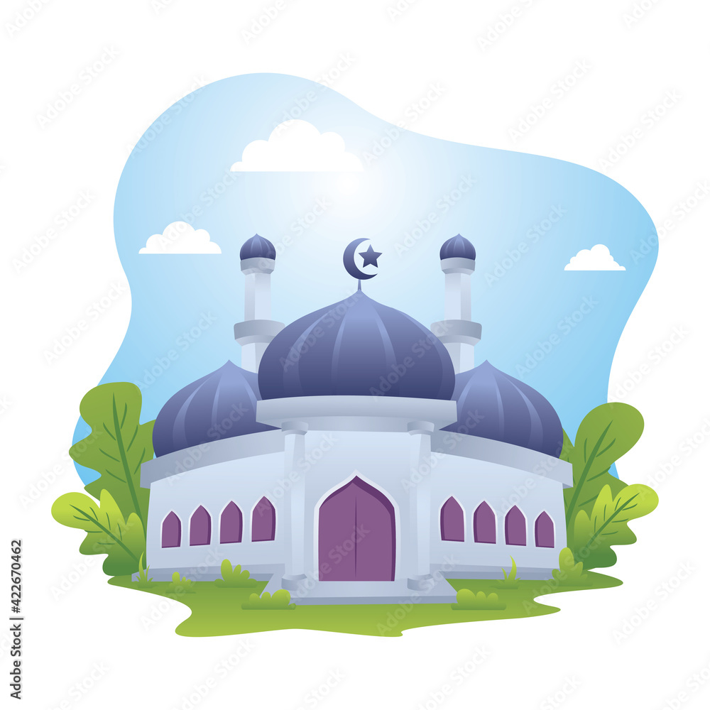 Mosque building with floral element, Ramadan Mubarak flat design illustration
