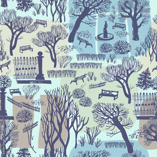 View from the window on winter landscape with trees, benches and fountain in the courtyard of the house or square. Modern doodle seamless pattern. For baby design, fabric, wallpaper, packaging.