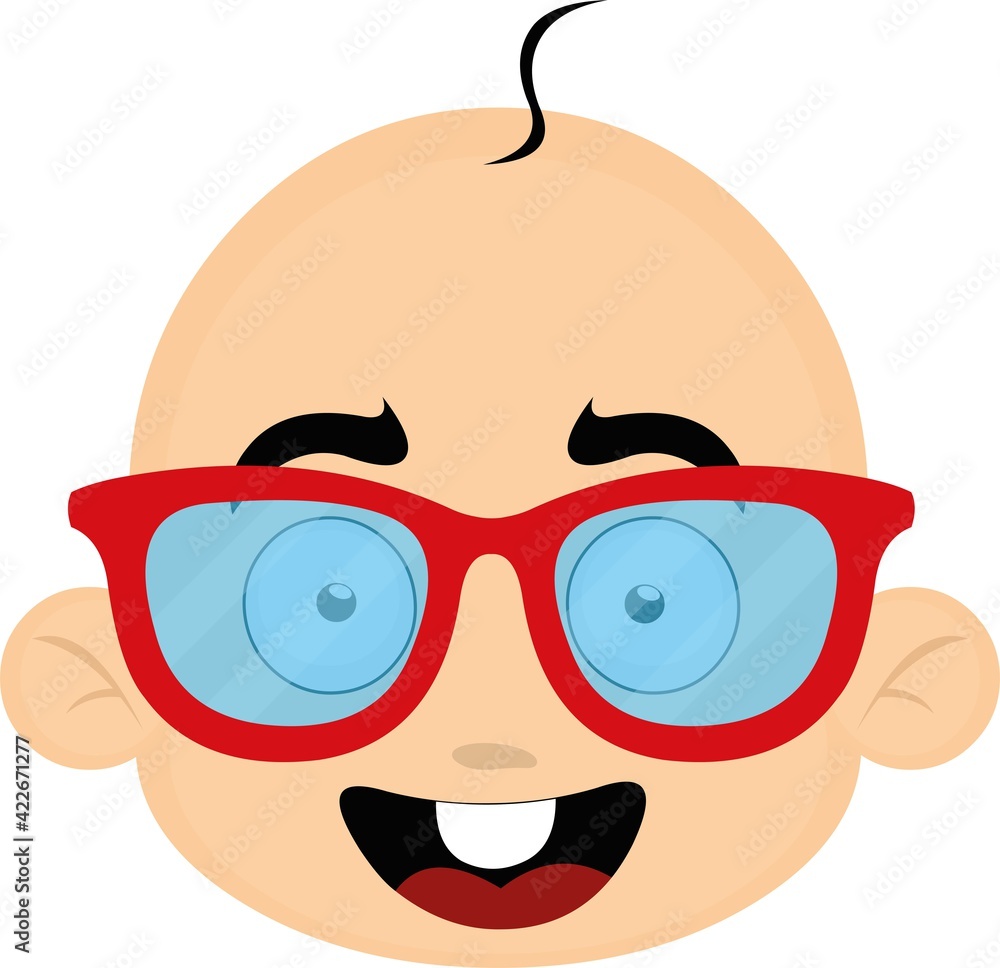 Vector emoticon illustration of a cartoon baby's head with red glasses and a happy expression Vector emoticon illustration of a cartoon baby's head with red glasses and a happy expression