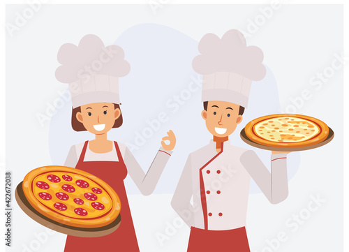 male and female in professional uniform and chef hat with holding pizza ,ok hand sign. Flat Vector cartoon character illustration.