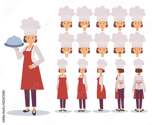 Female Chef Flat Vector Character creation set with various views, Cartoon style, flat vector illustration. Emotion. Front, side, back view animated character.