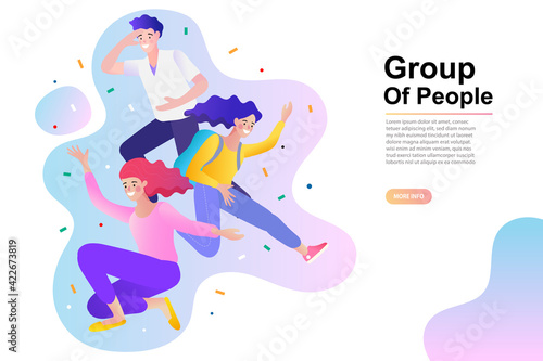 Group of three happy talking friends. Team of colleagues, students, happy men and women. Multinational society. Friendship, teamwork and cooperation. Vector flat illustration.