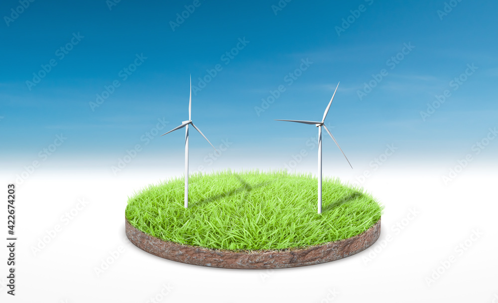3d rendering. Cross section of green grass with wind turbine over blue sky background.