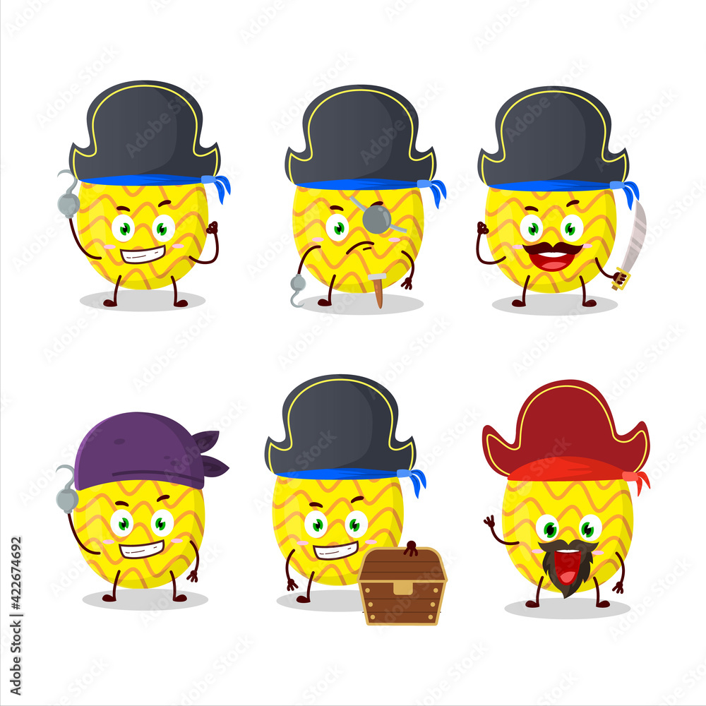 Cartoon character of yellow easter egg with various pirates emoticons Cartoon character of yellow easter egg with various pirates emoticons
