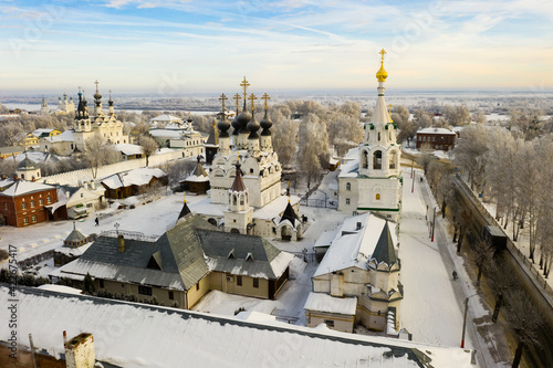 Aerial view of Russian city of Murom overlooking Trinity convent and Annunciation Monastery on winter day