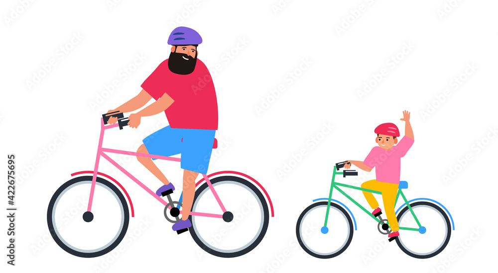 father and son in helmets riding bicycles vector flat illustration father and son in helmets riding bicycles vector flat illustration