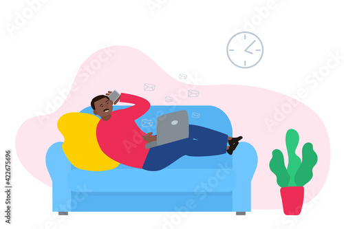 african american man working at home with laptop self isolation internet network covid 19 pandemic vector illustration
