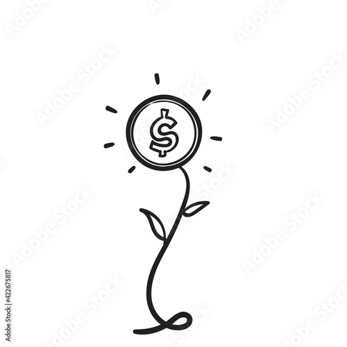 hand drawn doodle growing money on plant tree seeds illustration vector isolated