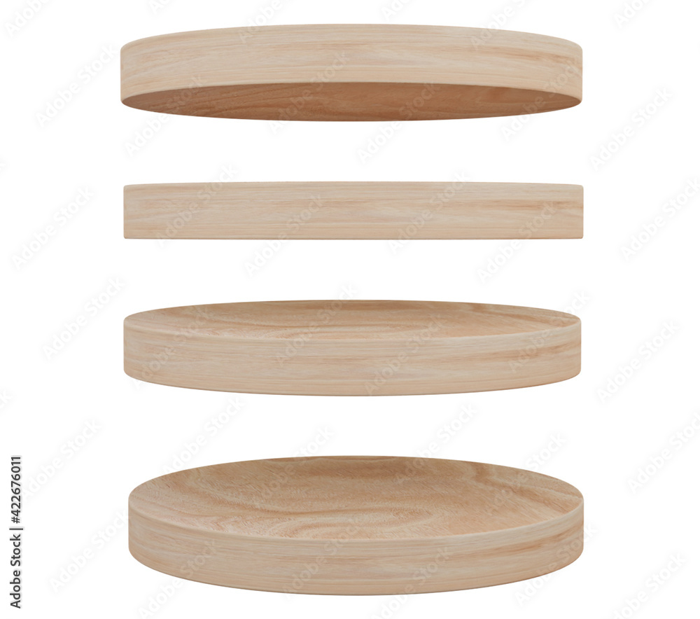 3D render. Set of wood circle shelf isolated on white background. Object with clipping path. 3D render. Set of wood circle shelf isolated on white background. Object with clipping path.