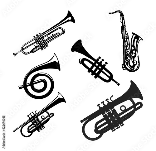 trumpet icon. collection of various wind instruments, musical instrument icon