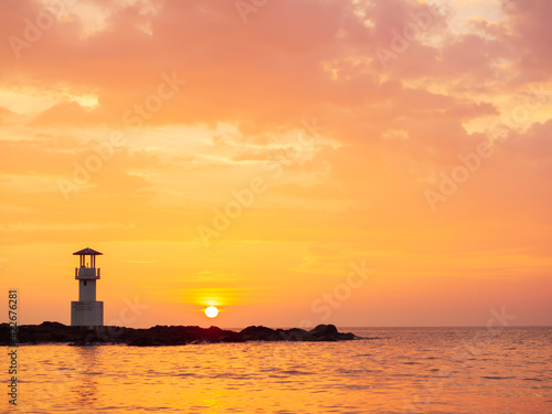 yellow-orange sunset sky cloud background, stunning panoramic sea view. romantic clouds and seascape scenery in the bright warm evening. beautiful sunlight reflected on the water. nature background.