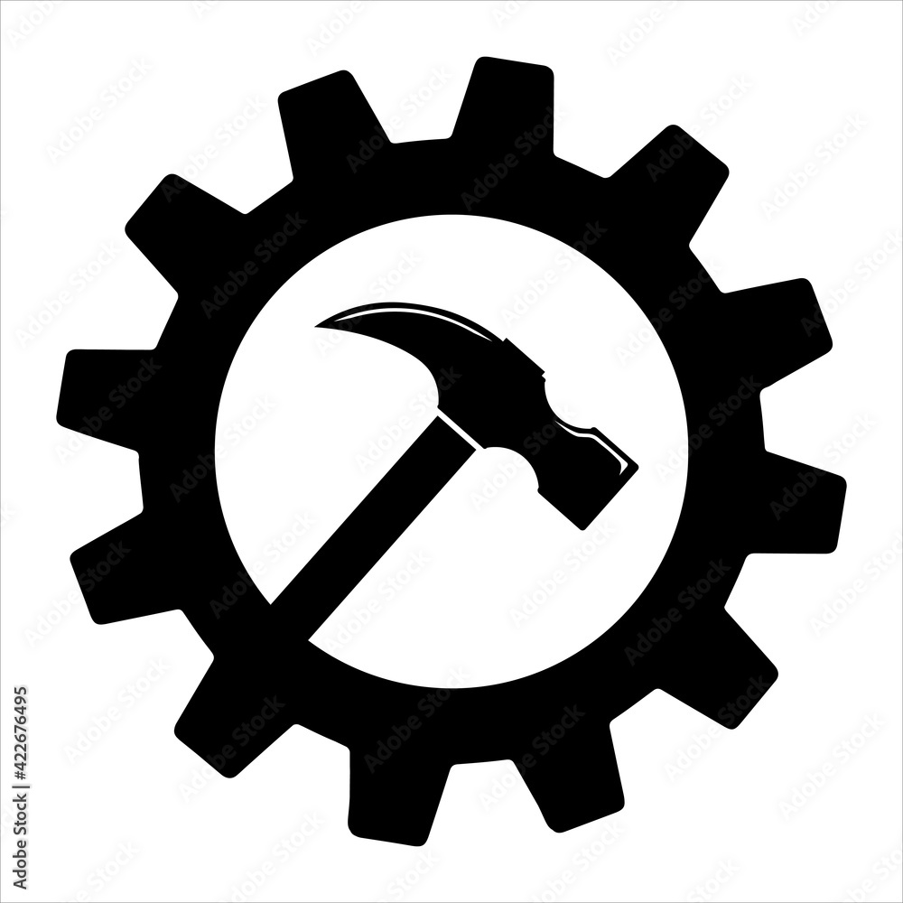 Simple icon of hammer on gear for web Simple icon of hammer on gear for web