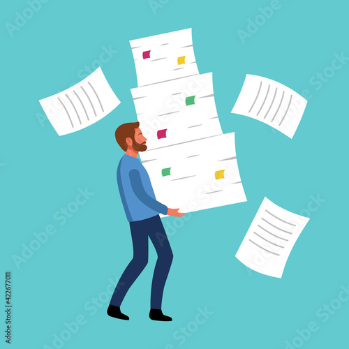 Man carry stack of documents in flat design. Businessman with load of paper work. Office worker with heavy work.