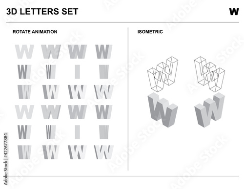 3d W Alphabet Letters Set Animate Isometric Wireframe Vector