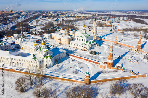 Winter aerial view of Orthodox Old Golutvin Monastery in snow covered Kolomna town in Moscow Oblast, Russia photo