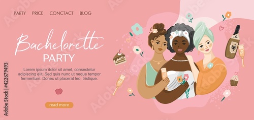 Bachelorette party landing page template. Girls of different nationalities in dressing gowns with elements of a home spa isolated on pink. Holiday with flowers, champagne, sweets. Vector illustration