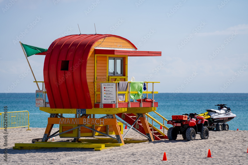 Orange lifeguard toewr Miami Beach FL with green flag safe swimming conditions